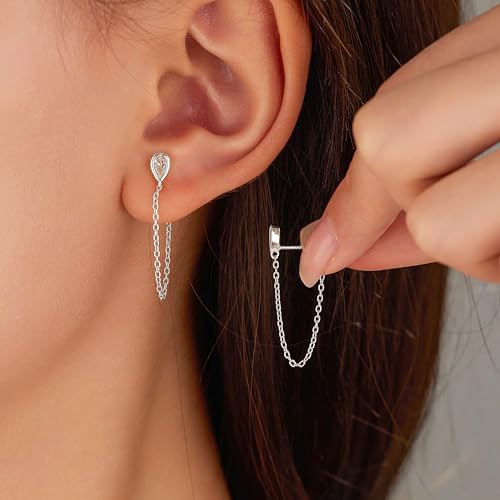 925 Sterling Silver CZ Moon Cross Heart Teardrop Chain Earrings for Women - color: CZ--Silver