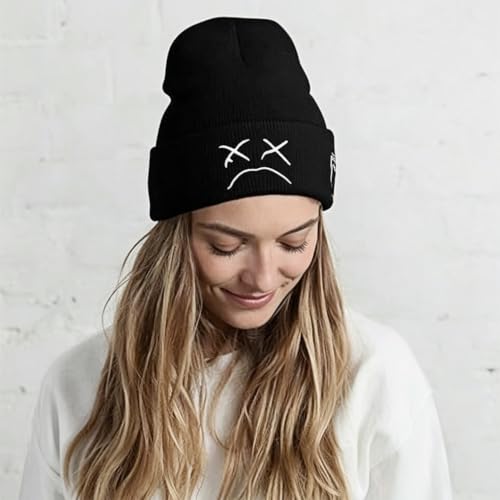 Unisex Stretch Warm Winter Skull Cap, Cold Weather Knit Beanie - color: Black - Sad Face Embroidery