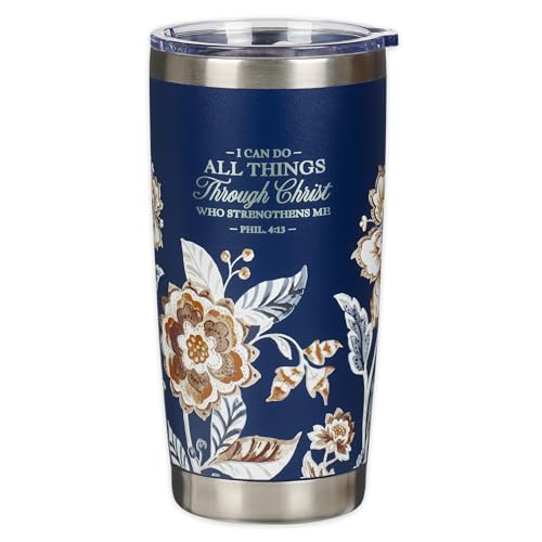 Christian Art Gifts Stainless Steel Scripture Tumbler Travel Mug for Women - color: Navy/Through Christ
