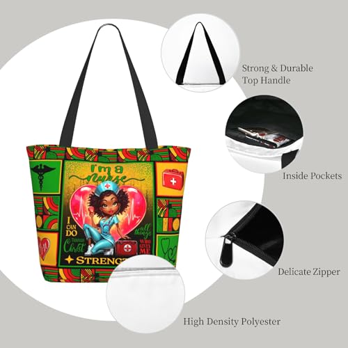 Tote Bag For Women, Tote Bag With Zipper Large Shoulder Bag For Women Travel, Work, Office, College, Nursing - color: African American Nurse