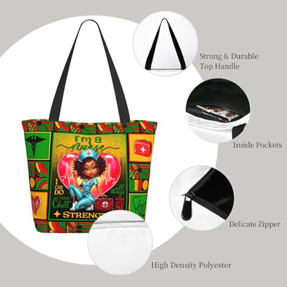 Tote Bag For Women, Tote Bag With Zipper Large Shoulder Bag For Women Travel, Work, Office, College, Nursing - color: African American Nurse