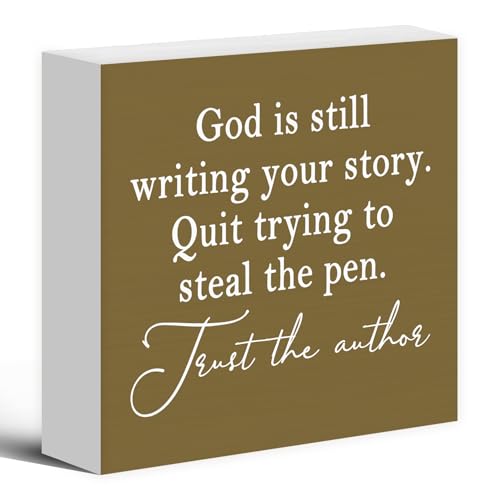 God Is Still Writing Your Story,Wood Box Sign Desk Decor, Christian Scripture Bible Verse Prayer Room Earthy Yellow Decor Wooden Block Sign Decorations for Home Office Wall Tabletop Shelf - color: Colour 09, size: 5 x 5 in