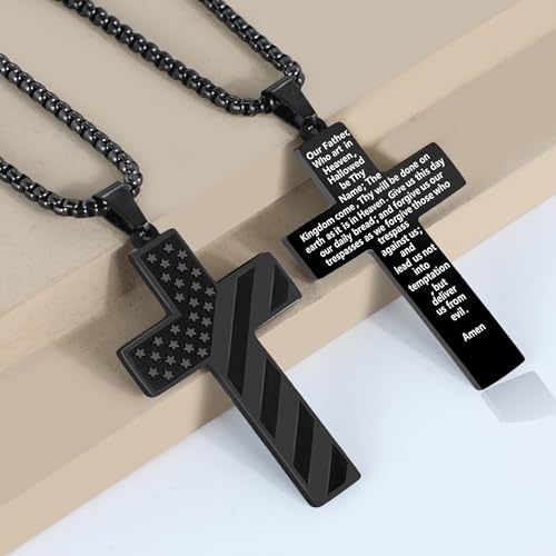 American Flag Cross Necklace for Men, Christian Confirmation Baptism Gifts - color: Black, style: Lord's Prayer