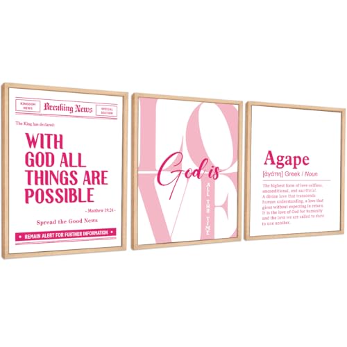 PQVRTMO Bible Verses Wall Art Posters Unframed, God is Love Wall Decor Pink Set of 3, Inspirational Christian Scripture Printing Posters for Rustic Home Living Room Office 11x14 Inch - color: God is Love(Pink)