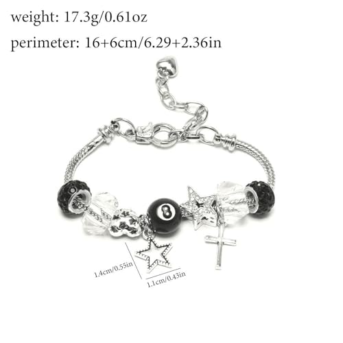 Y2k Charm Bracelet for Women Star Cross 8 Ball Leopard Beaded Bracelet - color: silver