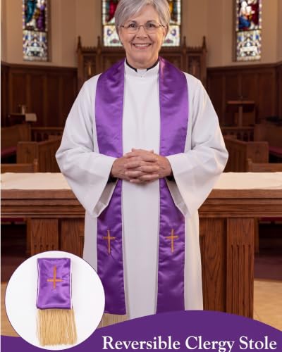 Eurzom 2 Pcs Reversible Clergy Stole with Cross Tassels - color: White,purple