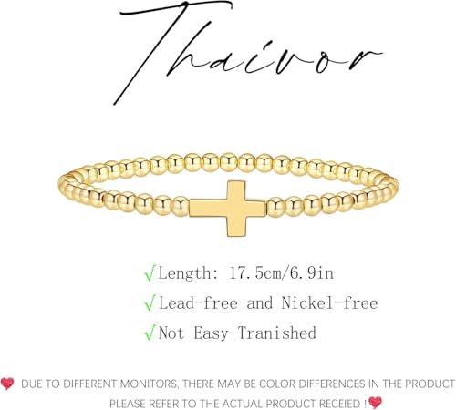 Beaded Bracelets for Women 14K Silver Gold Plated Stretch Handmade Ball Bracelets Cute Charm Bracelet Dainty Stackable Cross Heart Bow Wave CZ Circle Trendy Jewelry Easter Gifts - color: Gold-3