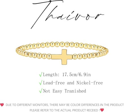 Beaded Bracelets for Women 14K Silver Gold Plated Stretch Handmade Ball Bracelets Cute Charm Bracelet Dainty Stackable Cross Heart Bow Wave CZ Circle Trendy Jewelry Easter Gifts - color: Gold-3