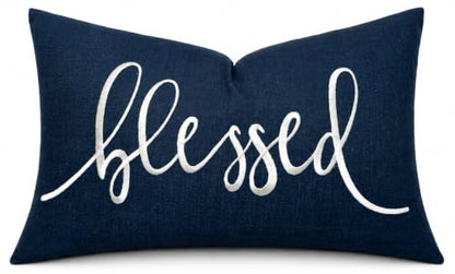 EURASIA DECOR Blessed Embroidered Lumbar Pillow Cover 12x20, Navy Blue - color: Navy Blue