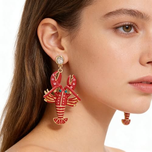 Creative Exaggerated Ocean Animal Drop Dangle Earrings for Women, Bohemia Style Alloy Lobster Octopus Fish Crab Earrings for Summer Beach Holiday Party Jewelry Gifts - style: Rhinestone Red Lobster Dangle Earrings-D