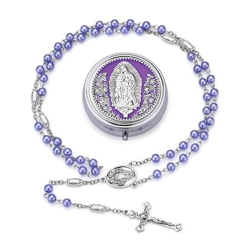 Guadalupe Rosary Beads for Women with Metal Box and 18pcs Holy - color: Purple