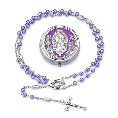 Guadalupe Rosary Beads for Women with Metal Box and 18pcs Holy - color: Purple