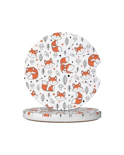 Car Cup Holder Coasters, 2 Pcs Ceramic Coasters with Cork Back and Finger Slot, Anti-Slip Shock Absorbing Women and Men Universal Car Accessories - Smart Fox - color: Smart Fox