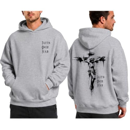 BINTEHGS Faith Over Fear Hoodie Christian Religious Hoodies for Men Oversized Cross Graphic Sweatshirts Jesus God Pullover - color: Light Gray, size: Medium