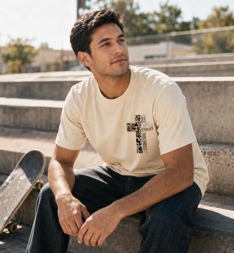 Christian Shirts for Men I Can Do All Things Through Christ Cross T-Shirt - color: Creamy Yellow, size: Small