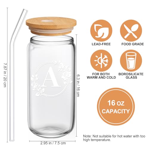 Birthday Gifts for Women, Monogrammed Initial Glass Cup Personalized Gifts for Women, 16oz Glass Cups with Lids and Straws, Iced Coffee Cup, Beer Can Shaped Glass - Gifts for Mothers Day, Christmas, A - style: A