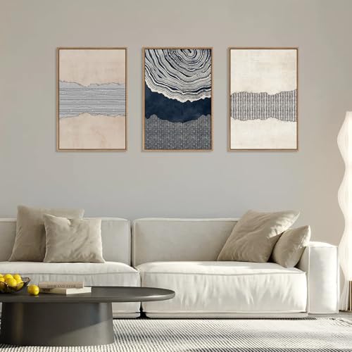LHIUEM Large Abstract Navy Blue Beige Framed Canvas Wall Art,Modern Tree Rings Shapes Wall Decor,Neutral Retro Wooden Artwork for Living Room,Bedroom,Dining Room,Office -16"x24"x3 - color: Navy Blue Wall Art, size: 16''x24''x3