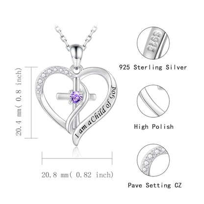 925 Sterling Silver I Am a Child of God Scripture Pendant with Birthstone Heart Cross Communion Necklace for Women Christian Faith Jewelry Gift - color: February