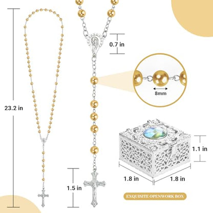 Dark Gold Pearl-Style Rosary Necklace with Metal Gift Box, 8mm, 22 Inch - color: Dark gold