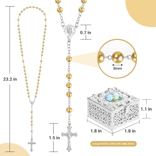 Dark Gold Pearl-Style Rosary Necklace with Metal Gift Box, 8mm, 22 Inch - color: Dark gold