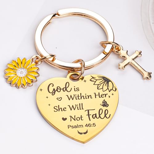 Sunflower Christian Gifts Keychain for Women, Inspirational Bible Verse Keyring, Religious Faith Gift for Birthday Christmas - color: Gold