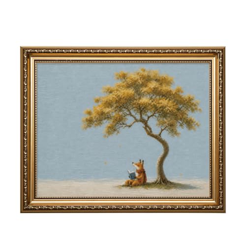 HUARCEY Autumn Fox under the Tree Vintage Gold Framed Canvas Wall Art - color: Read the Fox, size: 16"L x 13"W