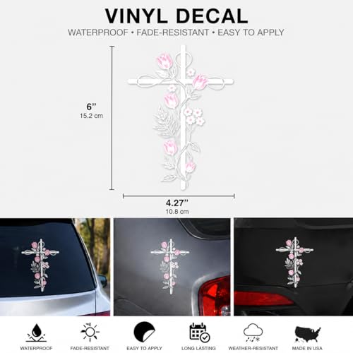 Christian Floral Cross Decal, Pink Flower Religious Vinyl Sticker for Car Window, Waterproof Faith Cross Sticker for Laptop Tumbler Notebook, 6 Inches