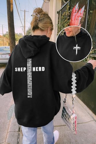 Christian Hoodies for Men Women, Religious Faith Sweatshirt Cross Jesus Psalms 23:1-3 Letter Print Graphic Hoodies - color: Cross Black, size: Small