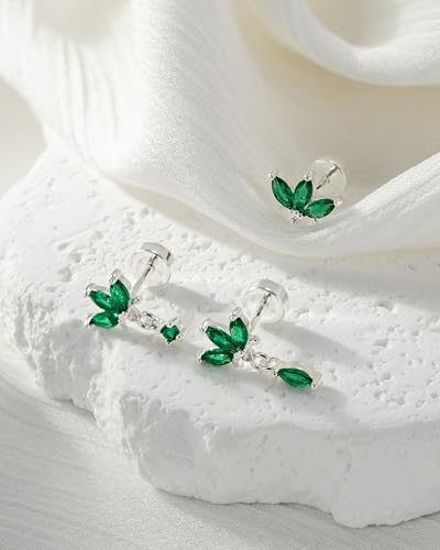 3 Pair Tiny Flat Back Earrings for Women - 14K Gold/White Gold Plated Dainty Cute Small Screw Flatback Stud Earring, Everyday Wear Gift - color: Silver-Green Marquise Flat 7/13/18mm