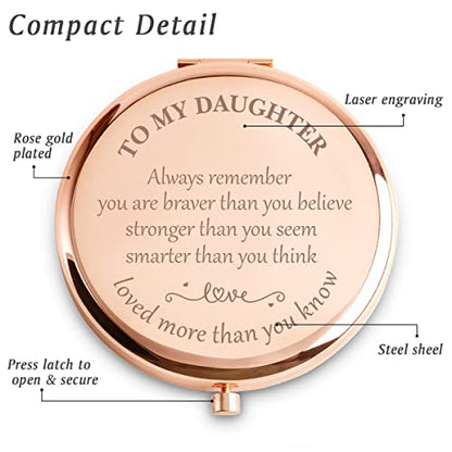 Personalized Gifts for Daughter, Custom Daughter Gifts for Birthday, Engraved Compact Mirror, Mothers Day Basket Stuffers - color: Daughter - Braver,stronger,smarter,loved