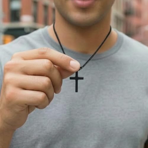 Meetuo 2 Pcs Cross Necklace for Men, Silver and Black High Polished Shinny Cross Necklaces Stainless Steel Cross Pendant Chain, Box Chain