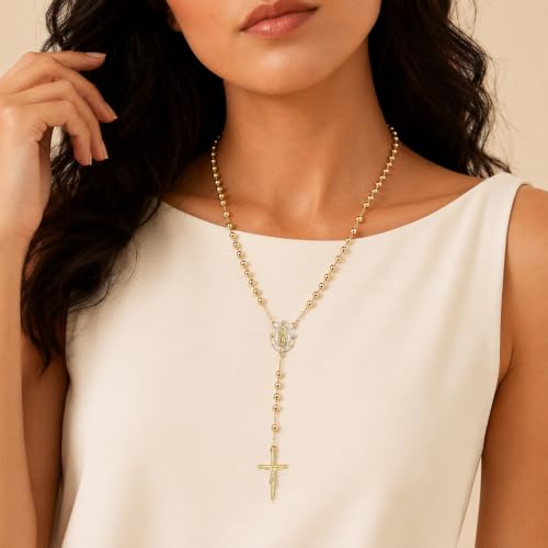 Women's Gold Rosary Beads Necklace,14K Gold Plated Virgin Mary Y Necklaces - color: Gold - Style 2