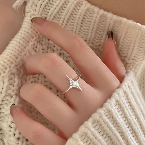 Star Rings for Women 925 Sterling Silver Cross Ring 14K Gold Plated Minimalist Trendy Pinky Ring Stackble Open Rings Friendship Rings Birthday Mothers Day Jewelry Gifts - color: Silver