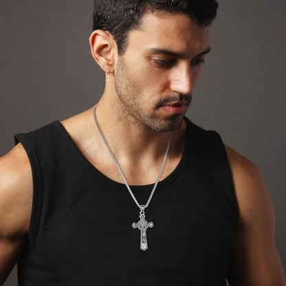 HZMAN Stainless Steel St. Benedict Crucifix Cross Necklace for Men - color: Small Matte silver