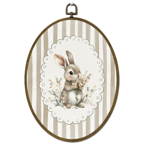 LLOKARNORA Easter Preppy Bunny Rabbit Oval Canvas Wall Art, Bunny Nursery Decor, Coquette Floral Framed Wall Art Decorations, Easter Rabbits Prints Hanging Decor for Bedroom Bathroom, 8.7x11.3 - color: preppy bunny