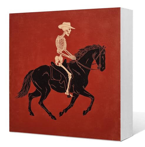 Gothic Western Rodeo Skeleton Wooden Box Sign, Western Gothic Home Decor, Quirky Vintage Goth Skull Wood Signs for Home Bedroom Office Desk Table Shelf Decoration, 5x5 Inch - color: Rodeo Skeleton