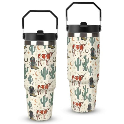 30 oz Cow Print Western Tumbler with Handle and Straw, Stainless Steel Vacuum Insulated Travel Mug, Water Bottle, Western Travel Mug,Cow Coffee Mugs for Women - color: cow travel mug