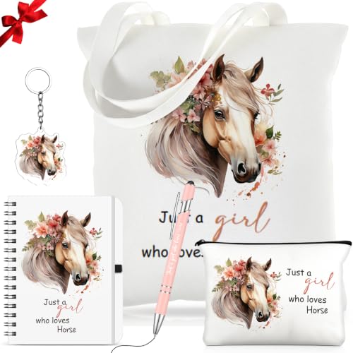 Kinlop 5 Pcs Horse Gifts for Women Include Just a Girl Who Loves Horses Tote Bag Canvas Cosmetic Bag Coil Notebook Keychain and Ballpoint Pen for Women Girls - color: Pink, style: Horse