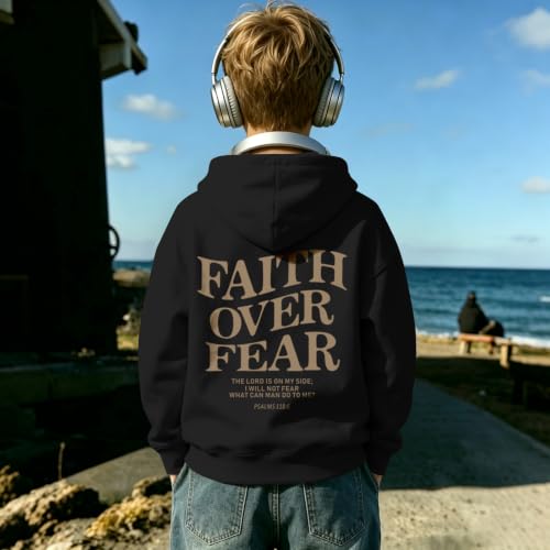 Fkatuzi Boys Christian Faith Over Fear Hoodie Kids Jesus Sweatshirt Faith Verse Bible God Religious Graphic Hoodies Pullover - color: Black, size: 5-6 Years