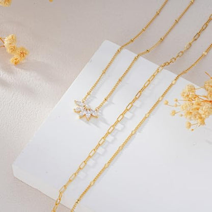 3PCS Gold Silver Layered Necklaces for Women Trendy - color: Gold&Flower