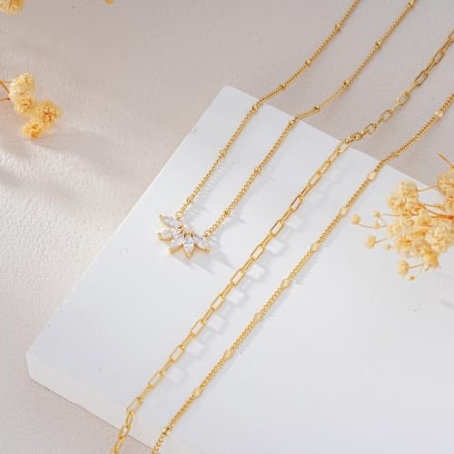 3PCS Gold Silver Layered Necklaces for Women Trendy - color: Gold&Flower
