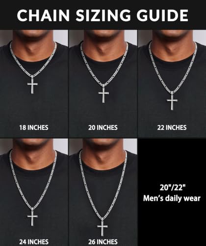 925 Sterling Silver Cross Necklace for Men with 5mm Figaro Chain - color: Silver, size: 22 inches