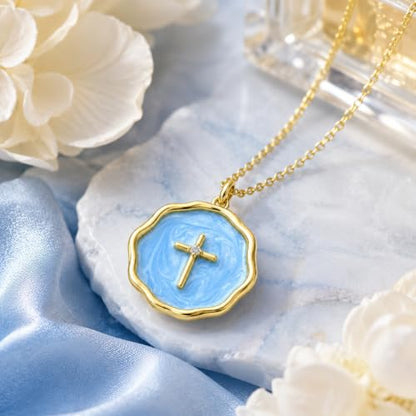 Enamel Cross Necklace for Women 18K Gold Plated Christian Pendant - color: Blue