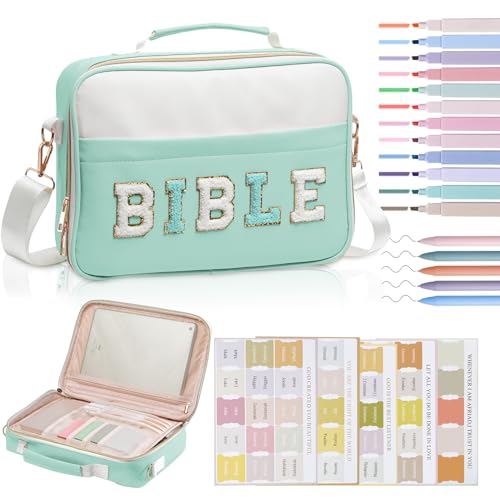 KOPKOFT Bible Cover Case for Women, Large Chenille Letter Leather Bible Case with Bible Study Accessories, Bible Study Supplies Bible Journaling Kit, Christmas Christian Gift for Women Girls (Green) - color: Green