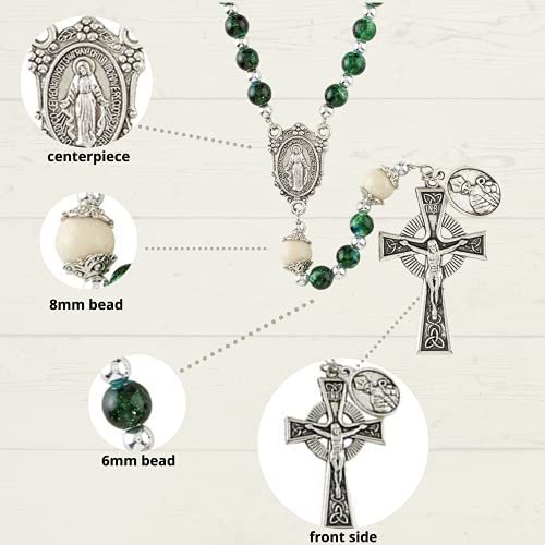 Needzo Celtic Rosary Beads for Women, Green Glass Prayer Bead Strand with Silver Tone Miraculous Medal Centerpiece and Crucifix, Catholic Keepsake Gift
