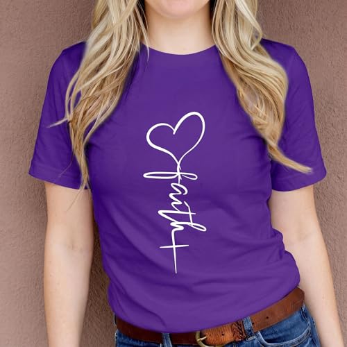 KIEKIECOO Faith Christian Shirts for Women Religious Crewneck Tshirts Cotton Graphic Tees Bible Verse Casual Summer Tops - color: Purple, size: Small