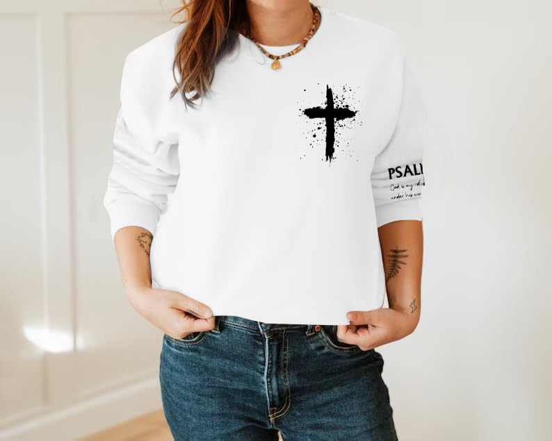 MOUSYA Women Christian Sweatshirt Psalms 91 Sleeve Print Sweatshirt Bible Verse Pullover - color: White, size: Small