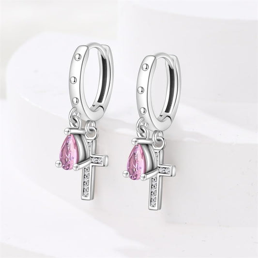 925 Sterling Silver Cute Animal Unique Huggie Hoop Earrings for Women - color: Pink Cross