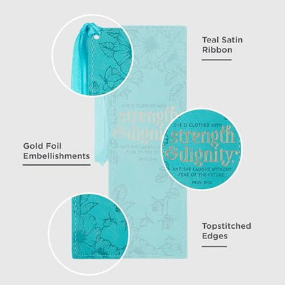 Christian Art Gifts Faux Leather Scripture Bookmark: Strength and Dignity - color: Teal - Strength/Dignity