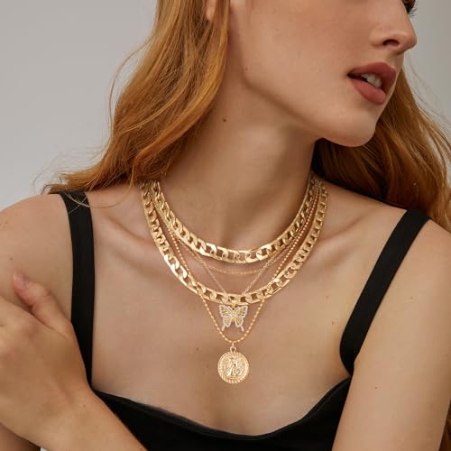 MJartoria Layered Necklaces for Women Trendy Retro Coin Pendant - color: Golden, style: A-X-Hollow Butterfly-5 in 1 Layered